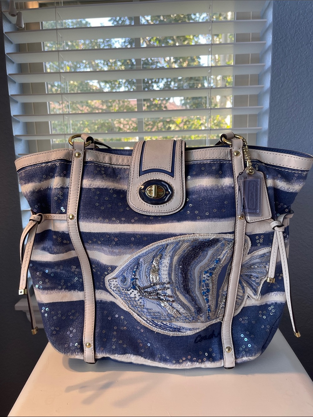 Coach Navy and White Striped Shoulder Bag with Fish Motif